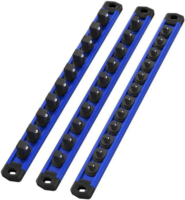 Main image of Magnetic Socket Organizer Set, 3-Piece Aluminum Alloy Socket Rail, Heavy Duty Socket Holder, Socket Rack Kit 1/4-Inch x 12 Clips, 3/8-Inch x 10 Clips, 1/2-Inch x 10 Clips (Blue)