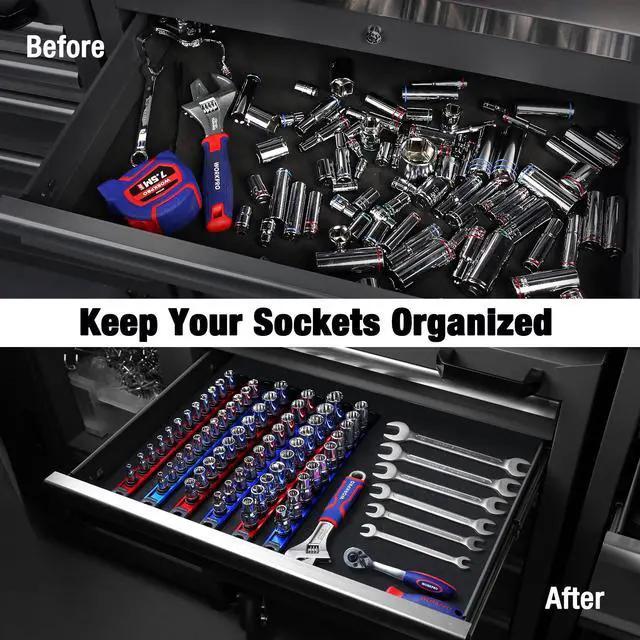 Alt view image 2 of 7 - Magnetic Socket Organizer Set, 3-Piece Aluminum Alloy Socket Rail, Heavy Duty Socket Holder, Socket Rack Kit 1/4-Inch x 12 Clips, 3/8-Inch x 10 Clips, 1/2-Inch x 10 Clips (Blue)