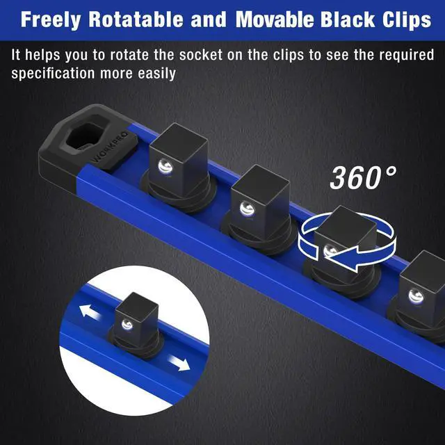 Alt view image 5 of 7 - Magnetic Socket Organizer Set, 3-Piece Aluminum Alloy Socket Rail, Heavy Duty Socket Holder, Socket Rack Kit 1/4-Inch x 12 Clips, 3/8-Inch x 10 Clips, 1/2-Inch x 10 Clips (Blue)