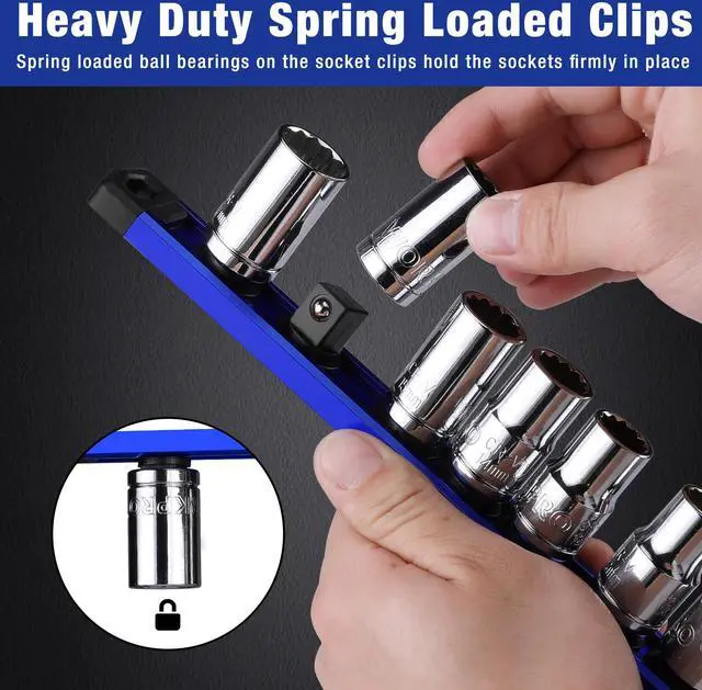 Alt view image 6 of 7 - Magnetic Socket Organizer Set, 3-Piece Aluminum Alloy Socket Rail, Heavy Duty Socket Holder, Socket Rack Kit 1/4-Inch x 12 Clips, 3/8-Inch x 10 Clips, 1/2-Inch x 10 Clips (Blue)