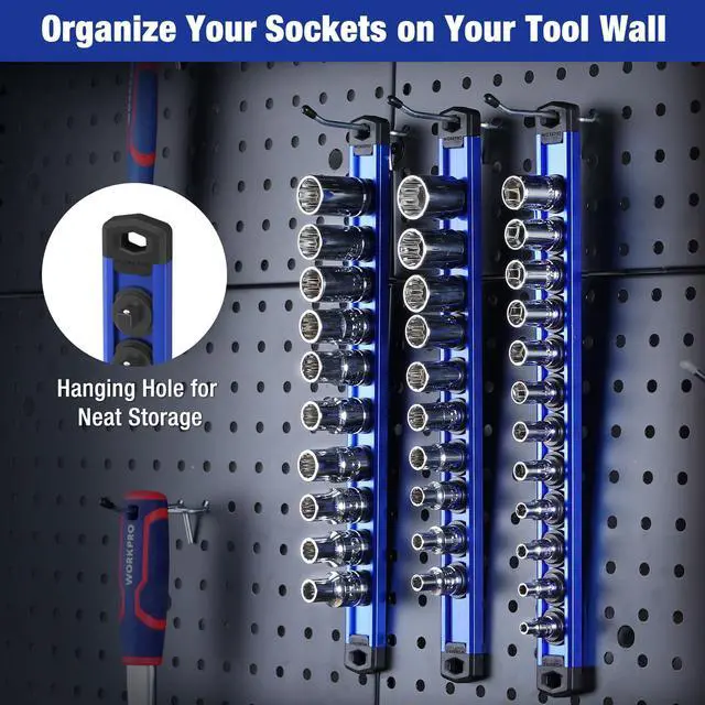 Alt view image 7 of 7 - Magnetic Socket Organizer Set, 3-Piece Aluminum Alloy Socket Rail, Heavy Duty Socket Holder, Socket Rack Kit 1/4-Inch x 12 Clips, 3/8-Inch x 10 Clips, 1/2-Inch x 10 Clips (Blue)