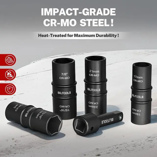 Alt view image 3 of 6 - Lug Nut Socket Set, 1/2 inch Drive Non-Marring Impact Flip Socket Set Metric 17-19 - 21-22 mm & SAE 3/4-13/16-7/8-15/16 inch, Thin Wall Wheel Protector Nut Socket