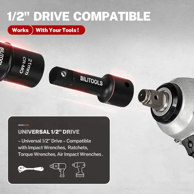 Alt view image 6 of 6 - Lug Nut Socket Set, 1/2 inch Drive Non-Marring Impact Flip Socket Set Metric 17-19 - 21-22 mm & SAE 3/4-13/16-7/8-15/16 inch, Thin Wall Wheel Protector Nut Socket