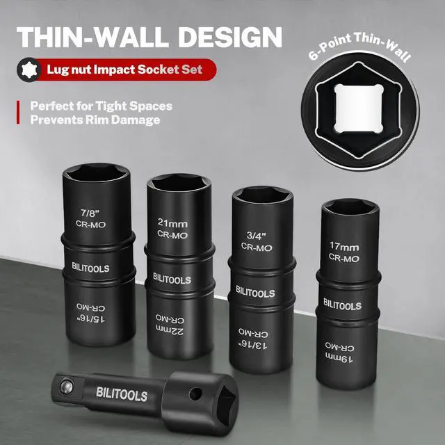 Alt view image 4 of 6 - Lug Nut Socket Set, 1/2 inch Drive Non-Marring Impact Flip Socket Set Metric 17-19 - 21-22 mm & SAE 3/4-13/16-7/8-15/16 inch, Thin Wall Wheel Protector Nut Socket