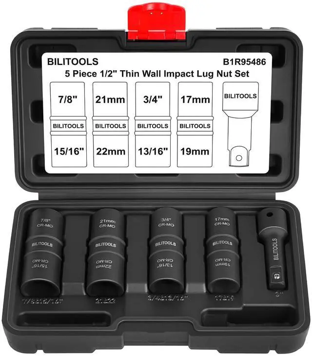 Main image of Lug Nut Socket Set, 1/2 inch Drive Non-Marring Impact Flip Socket Set Metric 17-19 - 21-22 mm & SAE 3/4-13/16-7/8-15/16 inch, Thin Wall Wheel Protector Nut Socket