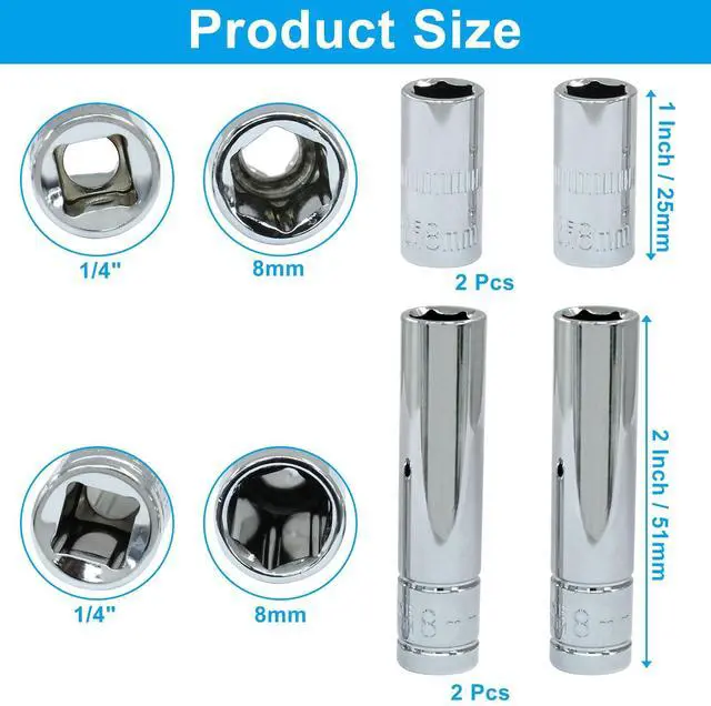 Alt view image 3 of 5 - 4 Pcs 1/4 Inch Drive 8mm Shallow & Deep Socket Set, 6 Point Chrome Vanadium Steel Metric Sockets, Mirror Finish