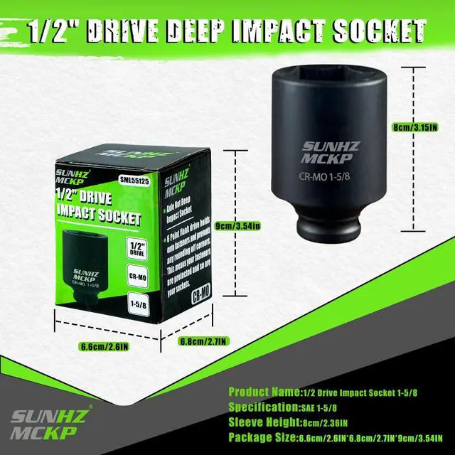 Alt view image 2 of 7 - 1/2 Inch Drive Impact Socket, SAE 1-5/8 In Deep 6 Point Socket, CR-MO, Axle Nut Impact Grade Socket for Easy Removal