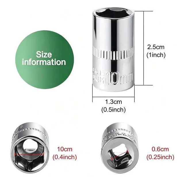 Alt view image 3 of 7 - 12-Piece Durable 1/4" Drive 10mm Socket Set Shallow, 6-Point, Cr-V Steel & Corrosion-Resistant