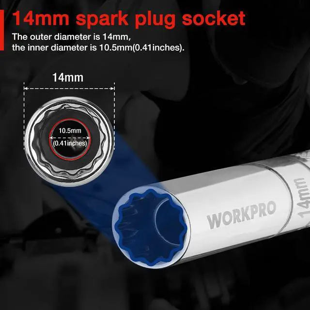 Alt view image 2 of 7 - 14mm Magnetic Spark Plug Socket with Swivel Thin Wall, 3/8" Drive x 12" Total Length, 360 Degree Swivel, 12 Point