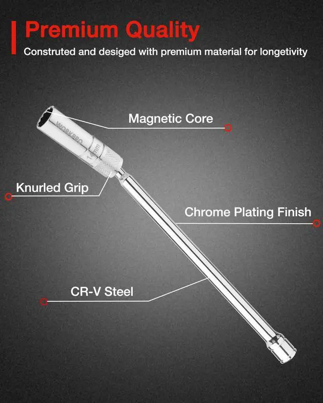 Alt view image 4 of 7 - 14mm Magnetic Spark Plug Socket with Swivel Thin Wall, 3/8" Drive x 12" Total Length, 360 Degree Swivel, 12 Point