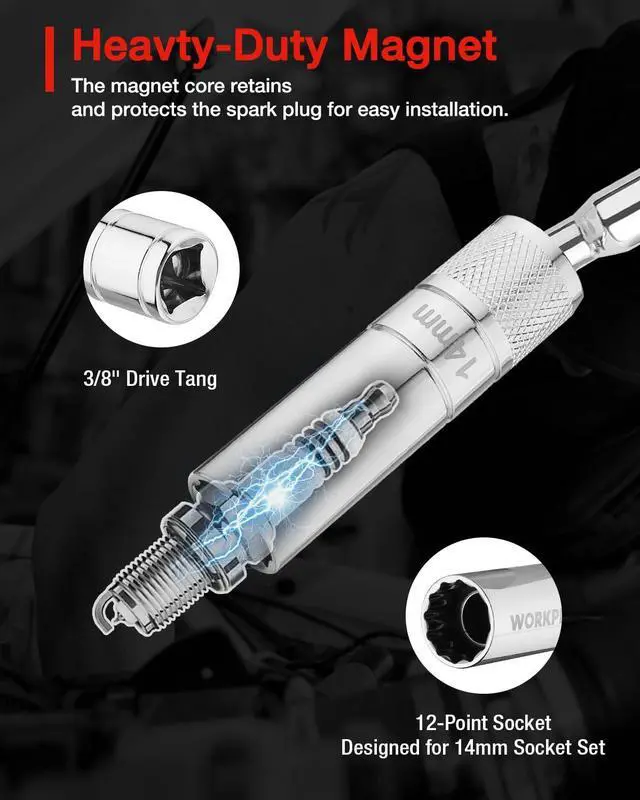 Alt view image 6 of 7 - 14mm Magnetic Spark Plug Socket with Swivel Thin Wall, 3/8" Drive x 12" Total Length, 360 Degree Swivel, 12 Point