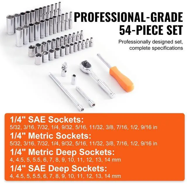 Alt view image 3 of 7 - Socket Set, 1/4 Inch Drive Socket and Ratchet Set, 6-Point Socket Opening, 54 Pieces Tool Set SAE and Metric, Deep and Standard Sockets, 5/32-9/16 in, 4-14 mm, with Accessories, Storage Case