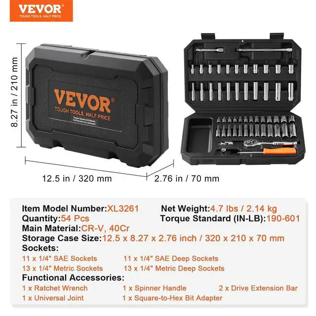 Alt view image 6 of 7 - Socket Set, 1/4 Inch Drive Socket and Ratchet Set, 6-Point Socket Opening, 54 Pieces Tool Set SAE and Metric, Deep and Standard Sockets, 5/32-9/16 in, 4-14 mm, with Accessories, Storage Case