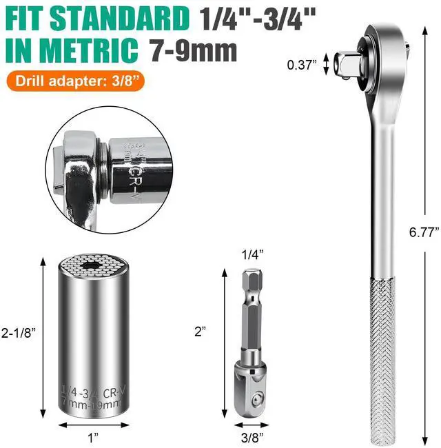 Alt view image 3 of 7 - 3pcs Universal Socket Wrench Ratchet Useful Tool Sets Adapter Retract & Power Drill (1/4in-3/4in) for Men Him Husband Dad Father DIY Handyman Women