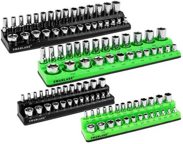 Main image of 4-Piece Magnetic Socket Organizer Set, Metric & SAE Socket Holder Set Includes 1/4", 3/8" Drive Sockets Trays, Magnetic Sockets Organizer for Tool Box Drawer