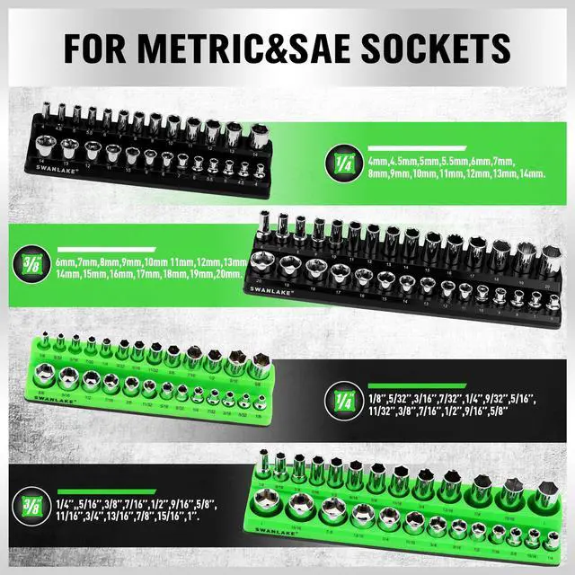 Alt view image 2 of 7 - 4-Piece Magnetic Socket Organizer Set, Metric & SAE Socket Holder Set Includes 1/4", 3/8" Drive Sockets Trays, Magnetic Sockets Organizer for Tool Box Drawer
