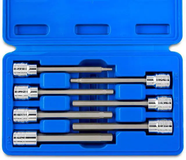 Main image of 10076A 3/8-Inch Drive Extra Long Allen Hex Bit Socket Set, Metric, 3 mm - 10 mm | S2 and Cr-V Steel, 7-Piece Set