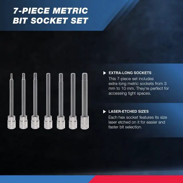 Alt view image 3 of 5 - 10076A 3/8-Inch Drive Extra Long Allen Hex Bit Socket Set, Metric, 3 mm - 10 mm | S2 and Cr-V Steel, 7-Piece Set