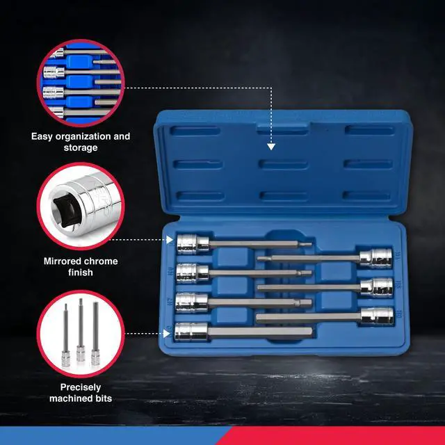 Alt view image 4 of 5 - 10076A 3/8-Inch Drive Extra Long Allen Hex Bit Socket Set, Metric, 3 mm - 10 mm | S2 and Cr-V Steel, 7-Piece Set