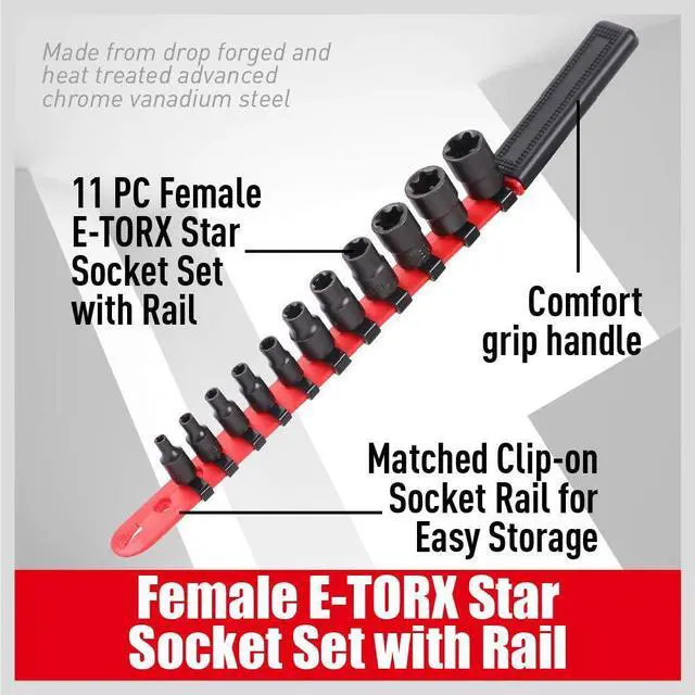 Alt view image 2 of 7 - 11-Piece E-Torx Socket Set - Star Sockets Set with Socket Rail, External Torx Socket with Organizer, External Socket-Set, E4 E5 E6 E7 E8 E10 E12 E14 E16 E18 E20 Reverse Sockets Set