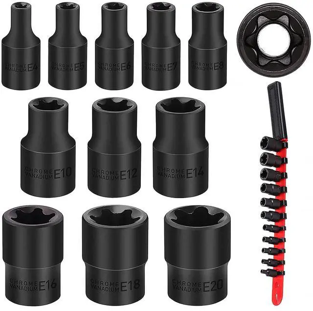 Main image of 11-Piece E-Torx Socket Set - Star Sockets Set with Socket Rail, External Torx Socket with Organizer, External Socket-Set, E4 E5 E6 E7 E8 E10 E12 E14 E16 E18 E20 Reverse Sockets Set