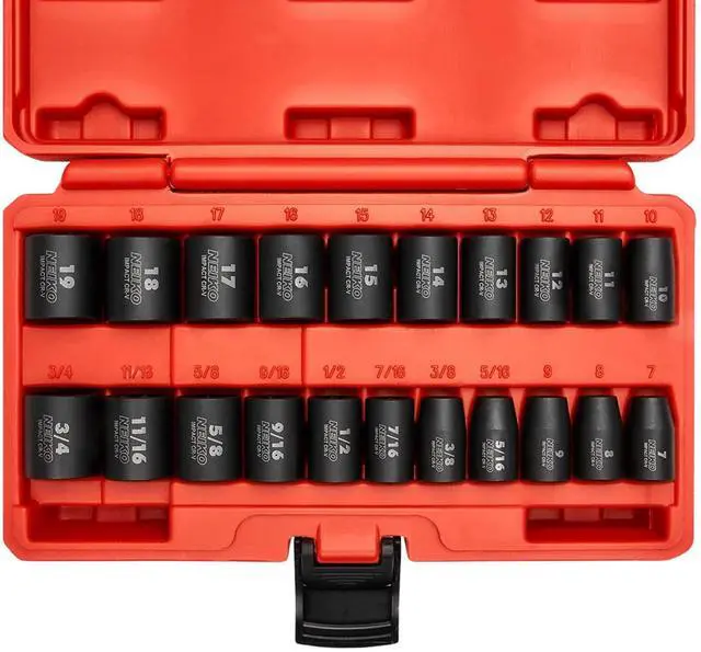Main image of 02432A 3/8 Drive SAE and Metric Impact Socket Set | 21 Shallow Pieces | SAE 5/16 to 3/4 | 7mm to 19mm | Premium Cr-V Steel | 6-Point Hex Design | Corrosion Resistant Coating