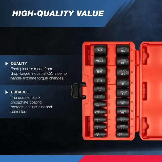 Alt view image 2 of 4 - 02432A 3/8 Drive SAE and Metric Impact Socket Set | 21 Shallow Pieces | SAE 5/16 to 3/4 | 7mm to 19mm | Premium Cr-V Steel | 6-Point Hex Design | Corrosion Resistant Coating