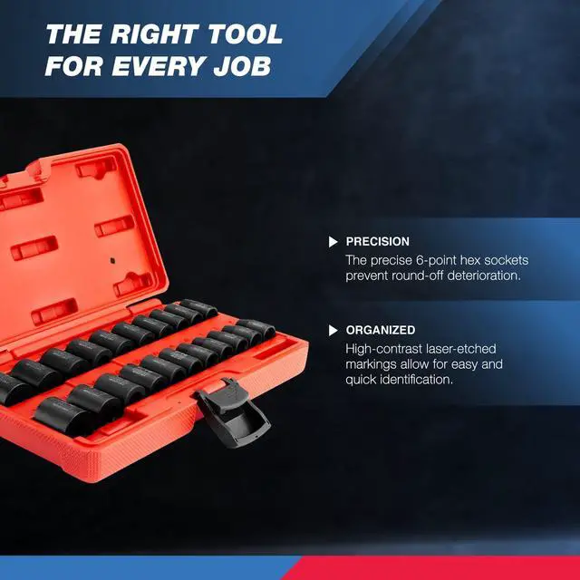 Alt view image 3 of 4 - 02432A 3/8 Drive SAE and Metric Impact Socket Set | 21 Shallow Pieces | SAE 5/16 to 3/4 | 7mm to 19mm | Premium Cr-V Steel | 6-Point Hex Design | Corrosion Resistant Coating