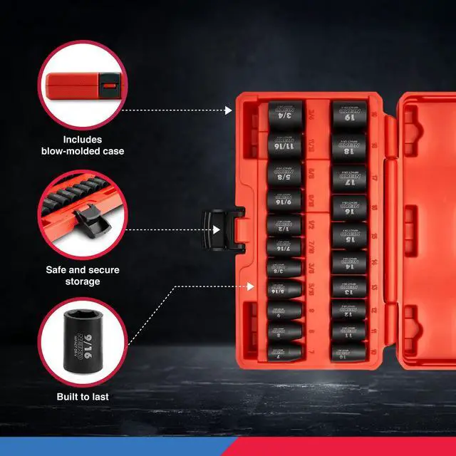 Alt view image 4 of 4 - 02432A 3/8 Drive SAE and Metric Impact Socket Set | 21 Shallow Pieces | SAE 5/16 to 3/4 | 7mm to 19mm | Premium Cr-V Steel | 6-Point Hex Design | Corrosion Resistant Coating
