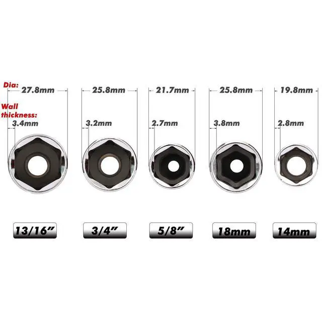Alt view image 3 of 7 - 3/8-Inch Drive Spark Plug Socket Set, 6-Point, 5/8-Inch, 3/4-Inch, 13/16-Inch, 14mm, 18mm, 5-Piece Set