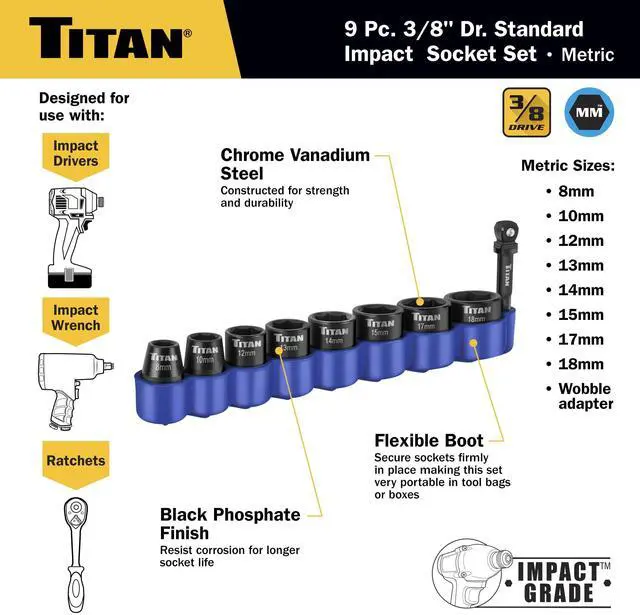 Alt view image 3 of 7 - 48201 9-Piece 3/8-Inch Drive Metric Shallow Impact Socket Set, 6-Point, Metric Sizes 8 to 18mm
