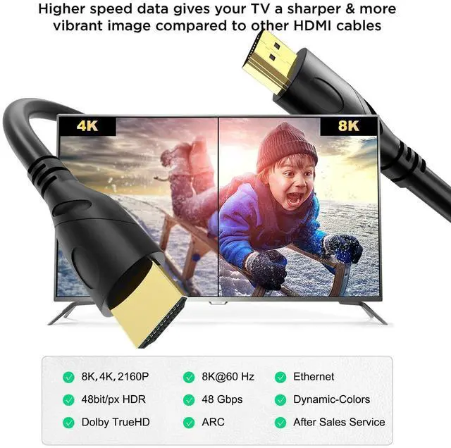 Alt view image 2 of 7 - 8K HDMI Cable 6ft, 48Gbps Ultra High Speed HDMI 2.1 Cord,Gold Plated Connectors, Supports 8K@60Hz & 4K@120Hz,eARC, HDR, 3D,Compatible with PS5, Xbox Series X/S, Soundbar, 4K TV, Blu-Ray Player