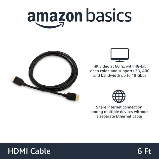 Alt view image 2 of 7 - HDMI Cable, 6ft, 4K@60Hz, High-Speed 4K HDMI 2.0 Cord with Ethernet, 18Gbps, 2160p, 48 bit, Compatible with TV/PS5/Xbox/Roku/Blu-ray, Black