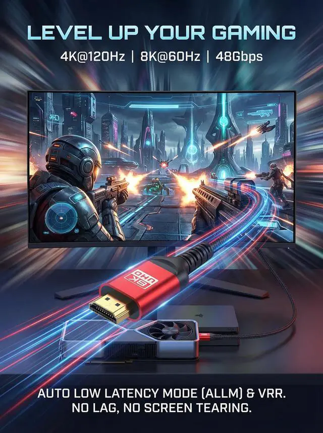 Alt view image 2 of 7 - 8K HDMI 2.1 Cable 12ft, Certified 48Gbps Ultra High Speed Braided Cord, Supports 4K@120Hz 8K@60Hz, eARC HDR10+ HDCP 2.3, Compatible with PS5, Xbox Series X, Gaming PC, Roku TV & Monitor