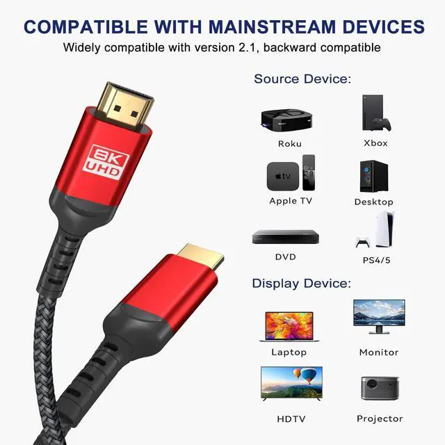 Alt view image 7 of 7 - 8K HDMI 2.1 Cable 12ft, Certified 48Gbps Ultra High Speed Braided Cord, Supports 4K@120Hz 8K@60Hz, eARC HDR10+ HDCP 2.3, Compatible with PS5, Xbox Series X, Gaming PC, Roku TV & Monitor
