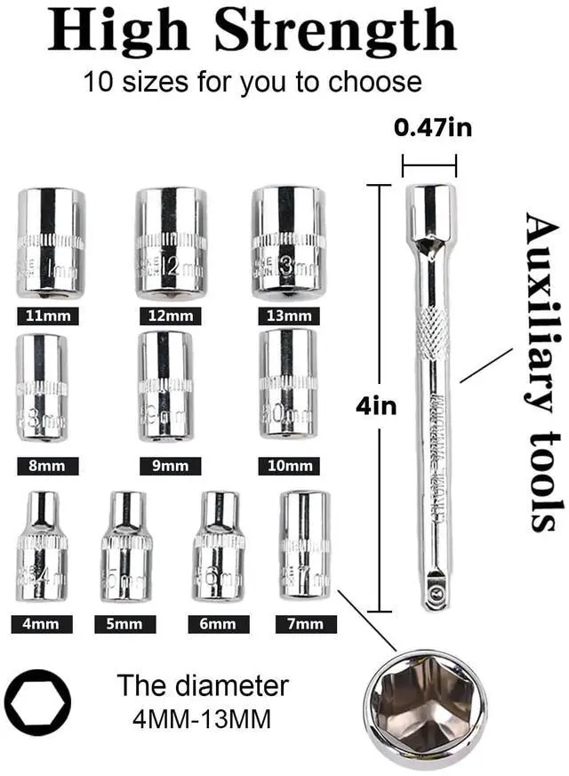 Alt view image 5 of 7 - 12pcs 1/4 Inch Mini Ratchet Socket Wrench Set, Drive Socket Set with 10 Sockets (4-13mm) and 2 Way Quick Released Ratchet Handle and Extension Bar