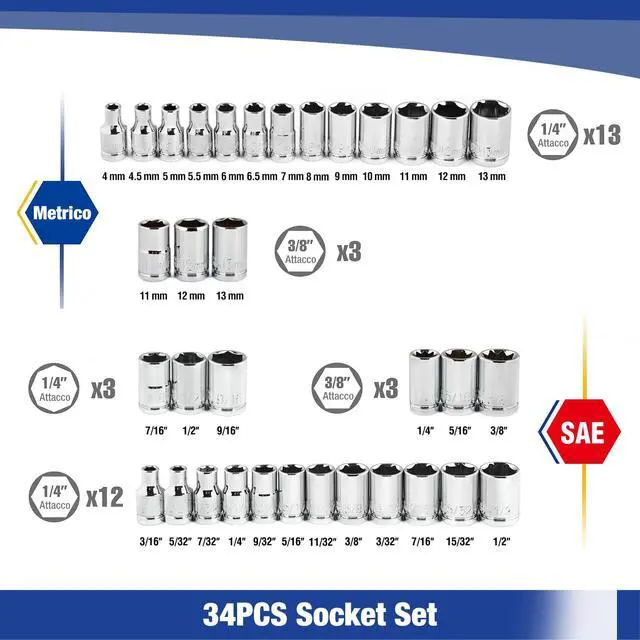 Alt view image 2 of 7 - 39-Piece Drive Socket Set 1/4'' & 3/8'', CR-V Metric and SAE Sockets with Quick-Release Ratchet Wrench, Extension Bar, Spinner Handle & Adapter, Compact Mechanics Tool Set for Car Repair