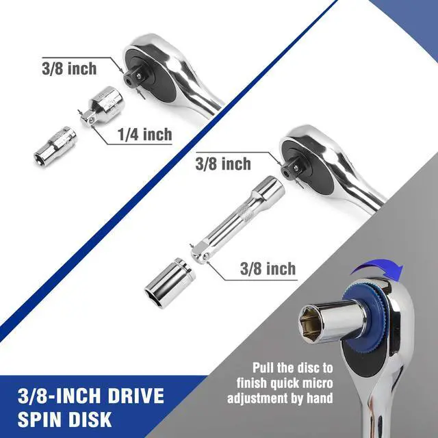 Alt view image 4 of 7 - 39-Piece Drive Socket Set 1/4'' & 3/8'', CR-V Metric and SAE Sockets with Quick-Release Ratchet Wrench, Extension Bar, Spinner Handle & Adapter, Compact Mechanics Tool Set for Car Repair