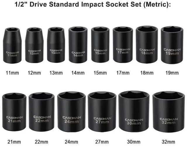 Alt view image 2 of 6 - 14 Pieces 1/2-Inch Drive Shallow Impact Socket Set, Metric, 6-Point, 11mm to 32mm