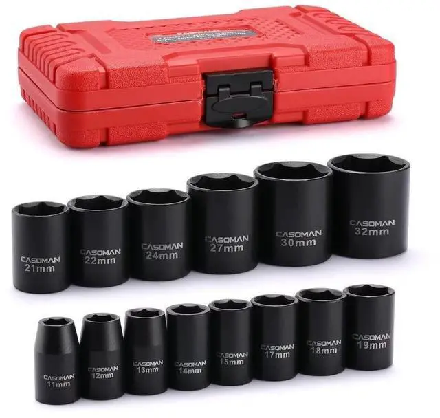 Main image of 14 Pieces 1/2-Inch Drive Shallow Impact Socket Set, Metric, 6-Point, 11mm to 32mm