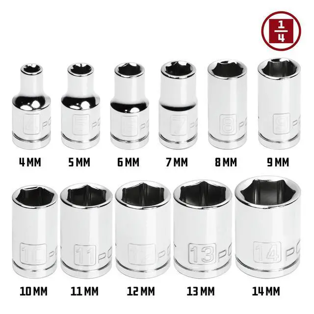 Alt view image 2 of 6 - 11 Piece Metric Shallow Socket Set, 1/4-Inch Drive, 6 Point, Dual Grease Rings, Size Markings - 640498, Silver