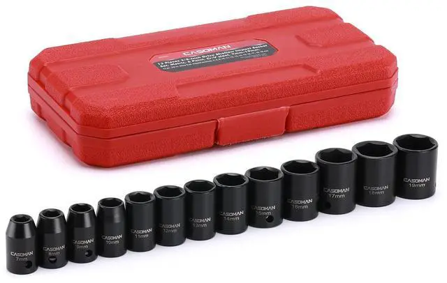 Main image of 13 Pieces 3/8-Inch Drive Impact Socket Set, 6-Point, Metric, Shallow, CR-V, 7mm to 19mm, Heavy Duty Blow Molded Storage Case