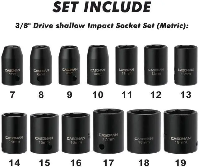 Alt view image 2 of 7 - 13 Pieces 3/8-Inch Drive Impact Socket Set, 6-Point, Metric, Shallow, CR-V, 7mm to 19mm, Heavy Duty Blow Molded Storage Case