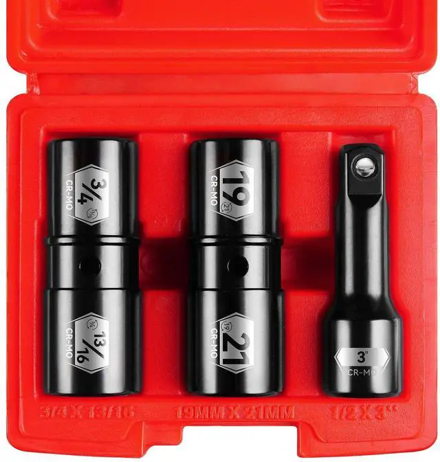 Main image of 1/2 Inch Drive Impact Socket Set, Double Sided Lug Nut Flip Socket Set, CR-MO Steel,3 Pieces, Metric 19-21 mm & SAE 3/4-13/16 Inch, with 3-Inch Extension Bar