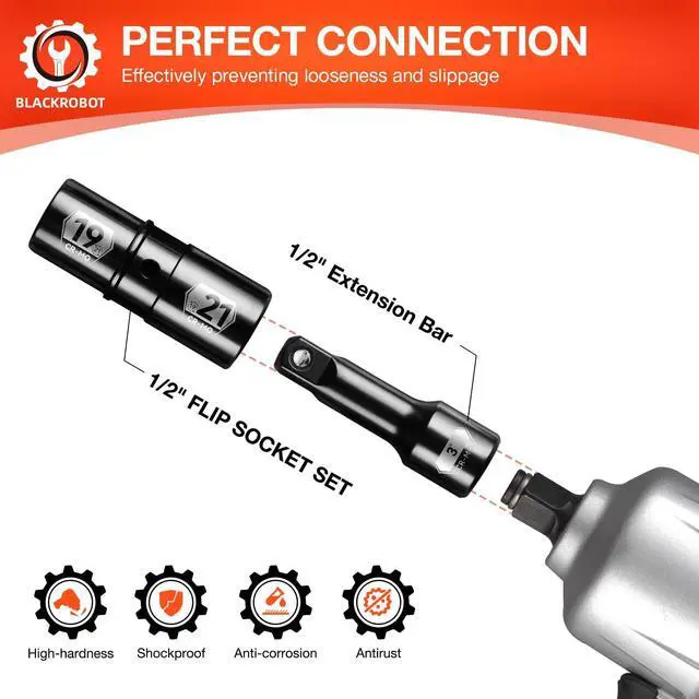 Alt view image 4 of 7 - 1/2 Inch Drive Impact Socket Set, Double Sided Lug Nut Flip Socket Set, CR-MO Steel,3 Pieces, Metric 19-21 mm & SAE 3/4-13/16 Inch, with 3-Inch Extension Bar
