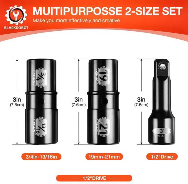 Alt view image 2 of 7 - 1/2 Inch Drive Impact Socket Set, Double Sided Lug Nut Flip Socket Set, CR-MO Steel,3 Pieces, Metric 19-21 mm & SAE 3/4-13/16 Inch, with 3-Inch Extension Bar