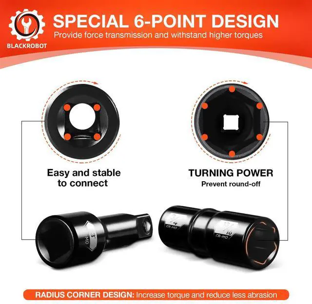 Alt view image 5 of 7 - 1/2 Inch Drive Impact Socket Set, Double Sided Lug Nut Flip Socket Set, CR-MO Steel,3 Pieces, Metric 19-21 mm & SAE 3/4-13/16 Inch, with 3-Inch Extension Bar