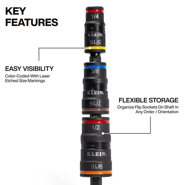 Alt view image 3 of 6 - 32933 Klein Tools 32933 Impact Driver, SAE 7-in-1 Impact Rated Socket Set, 3 Flip Sockets with 6 Hex Driver Sizes and 1/4-Inch Bit Holder, 5-Inch Shaft
