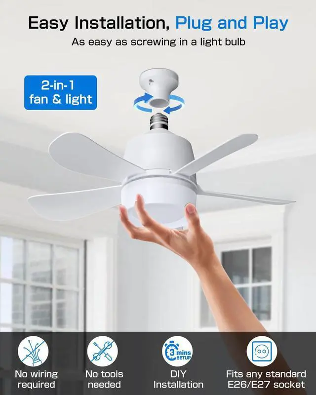 Alt view image 4 of 7 - Socket Fan Light with Remote, 16" Ultra-Quiet 5-Blade Small Ceiling Fan with Light, 1000LM 3-Color Dimmable LED, 3 Speeds & 5 Brightness Levels, Screw-in E26 Base for Garage Bedroom Kitchen