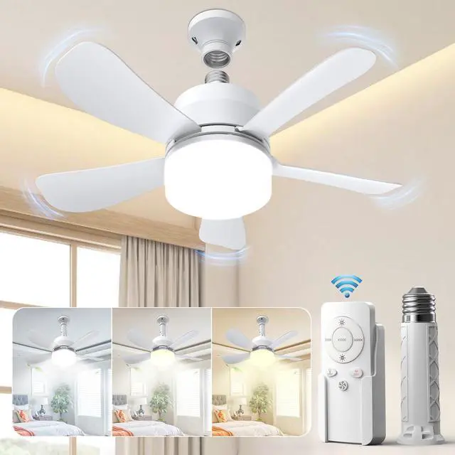Main image of Socket Fan Light with Remote, 16" Ultra-Quiet 5-Blade Small Ceiling Fan with Light, 1000LM 3-Color Dimmable LED, 3 Speeds & 5 Brightness Levels, Screw-in E26 Base for Garage Bedroom Kitchen